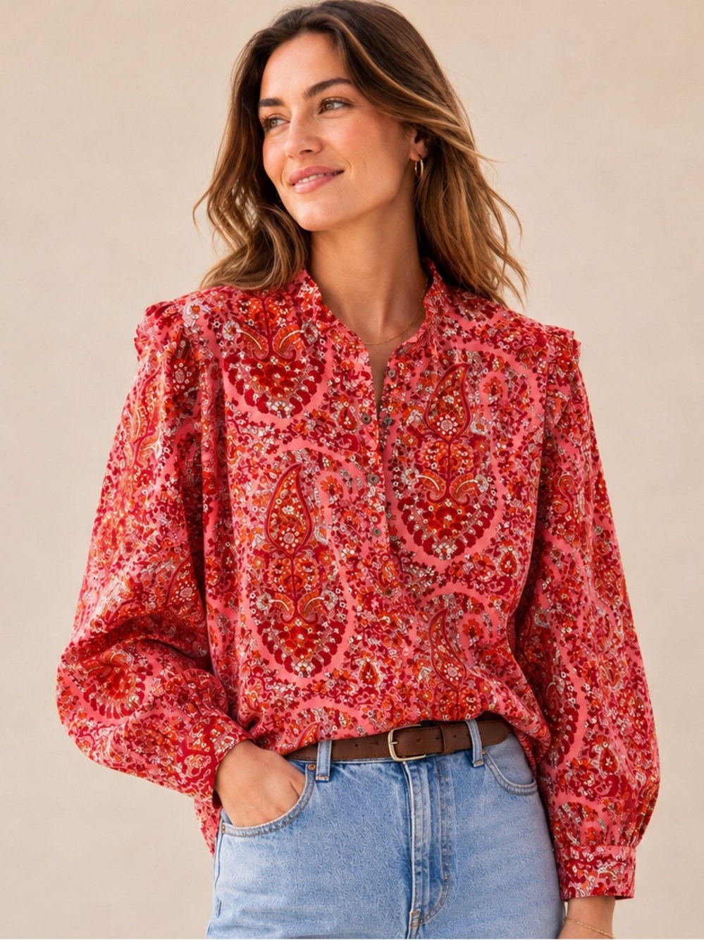 J.Crew Re-Imagined Large Pink Paisley Floral Ruffle Puff Sleeve Blouse Cotton